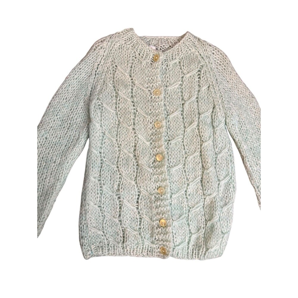 VTG Starlight Trading Cardigan Sweater Green Wool Mohair Italy Hand Knit